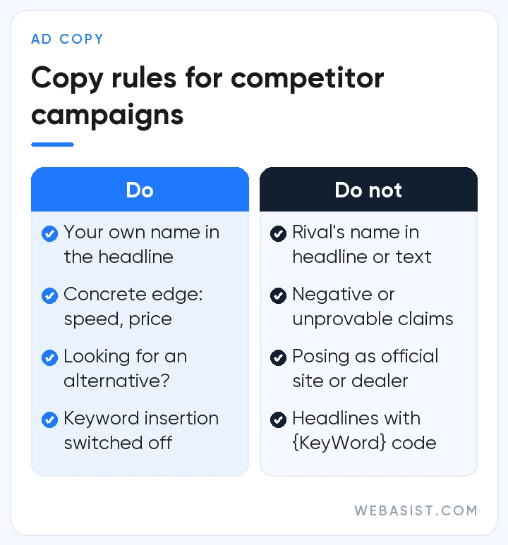 Ad copy rules for competitor brand bidding: what to do and what to avoid