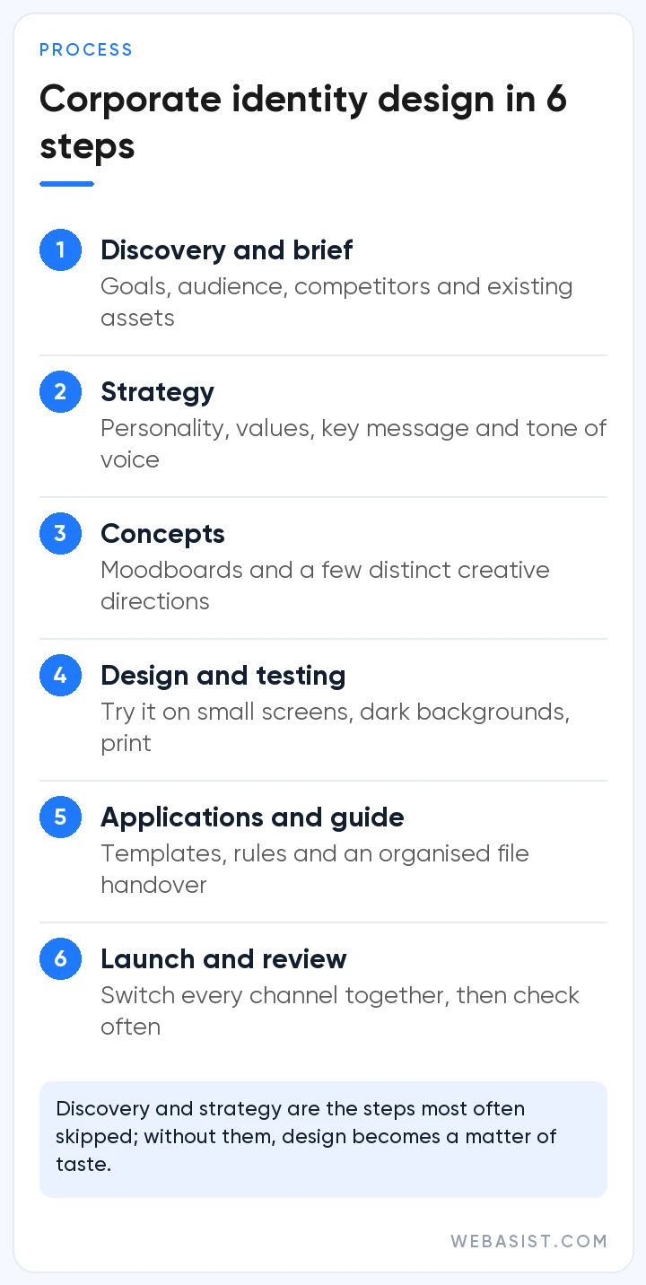 Corporate identity design process: discovery, strategy, concepts, design and testing, applications and guidelines, launch