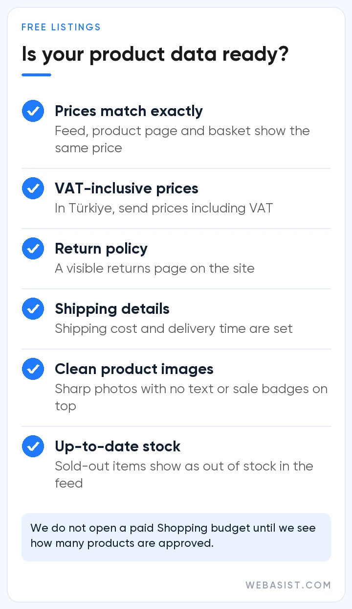 Merchant Center free listings checklist: price match, VAT, returns, shipping, images and stock status