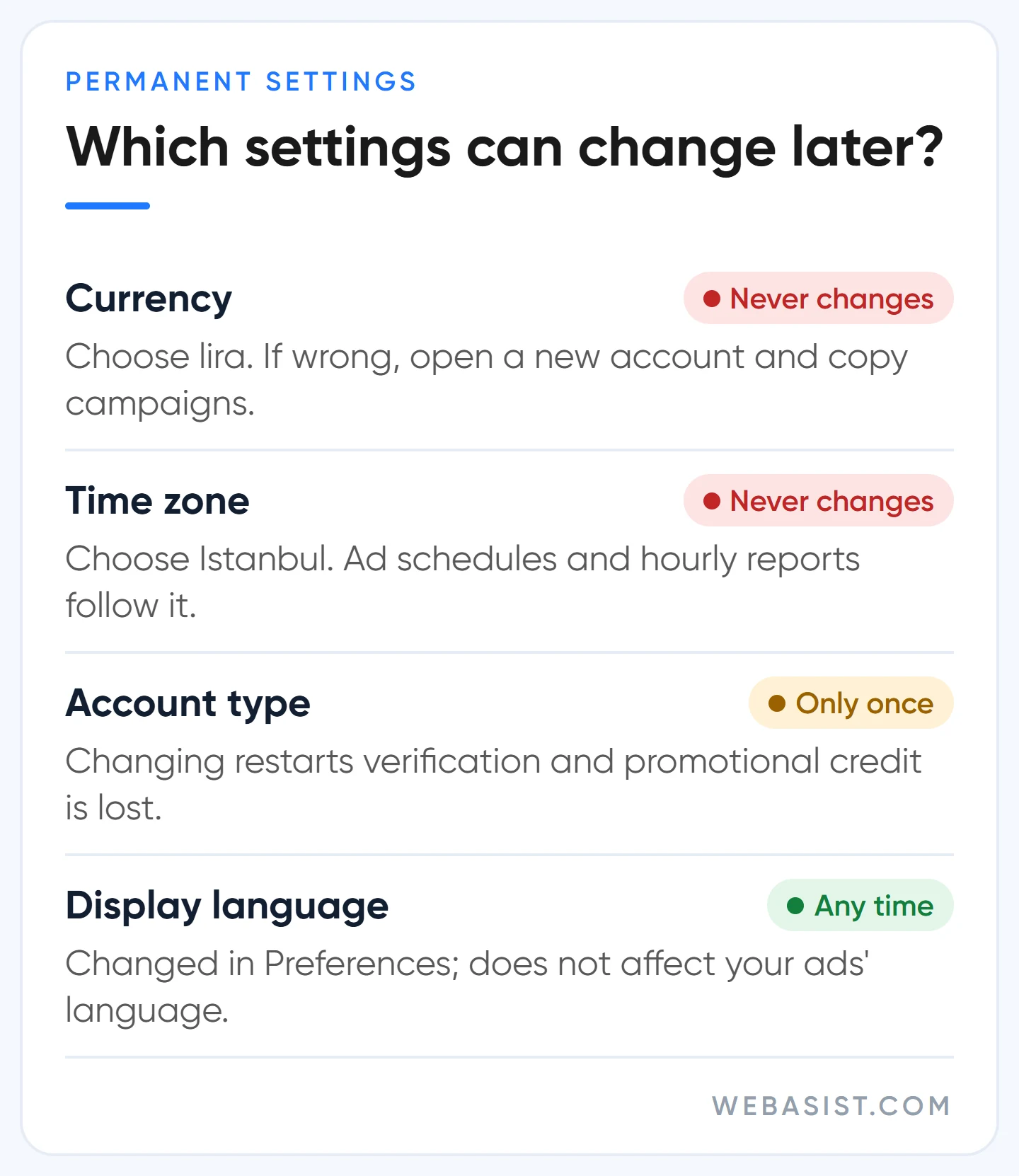 Google Ads account settings: can currency, time zone, account type and language be changed later