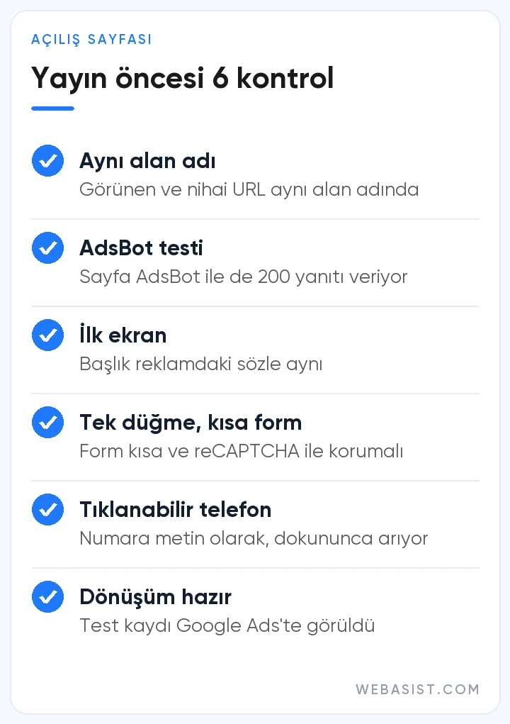 Google Ads açılış sayfası yayın öncesi kontrol listesi: alan adı, AdsBot, ilk ekran, form, telefon, dönüşüm