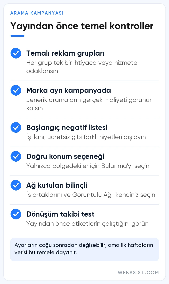 Arama ağı reklamları kampanyası için yayın öncesi temel kontrol listesi