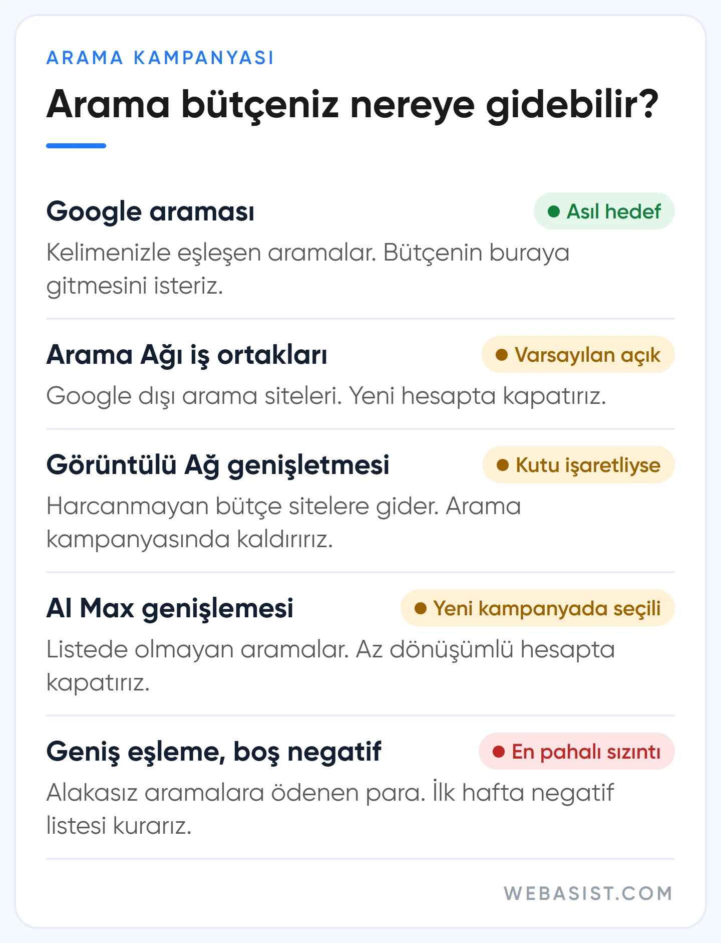 Arama ağı reklamlarında bütçenin kaçtığı yerler: iş ortakları, Görüntülü Ağ, AI Max ve geniş eşleme