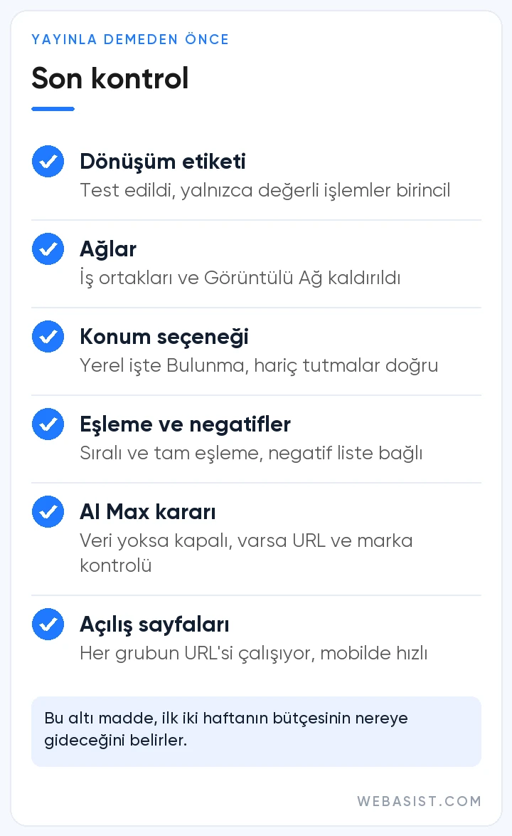 Google Ads kampanya oluşturma sonrası yayın öncesi son kontrol listesi: dönüşüm, ağlar, konum, eşleme, URL