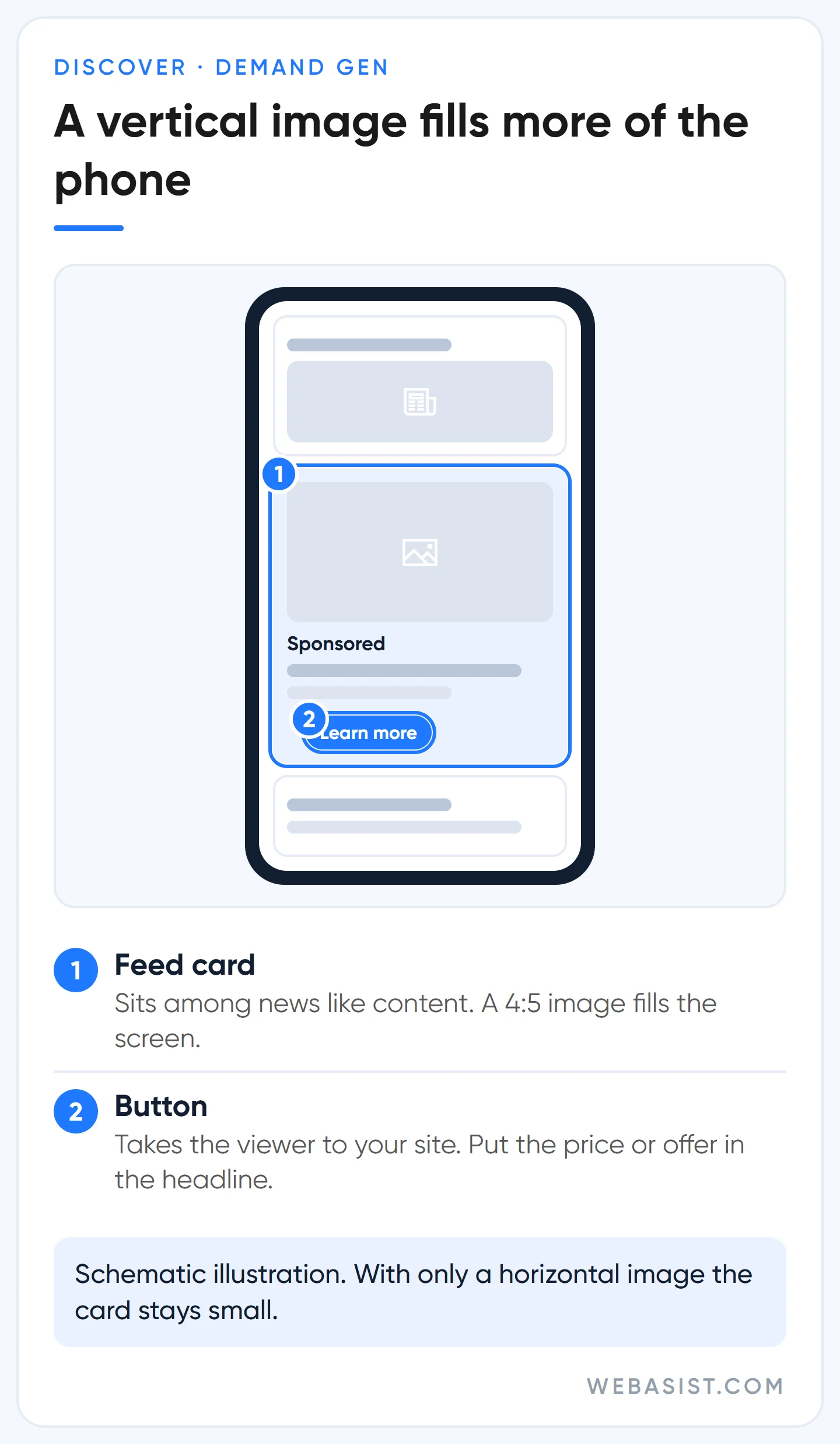 Demand Gen ad in the Discover feed: a content card with a large vertical image and a button