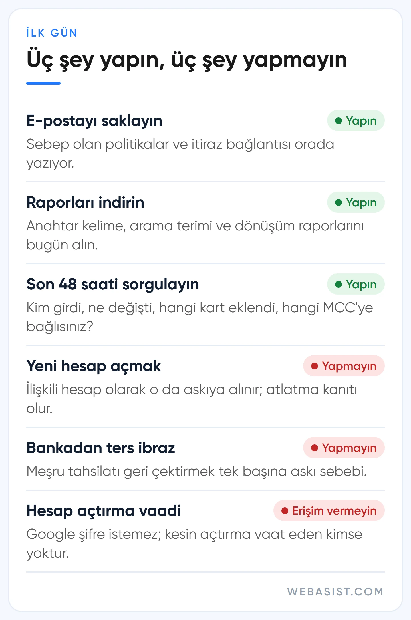 Google Ads hesabı askıya alındı: ilk 24 saatte yapılacaklar ve yapılmayacaklar listesi