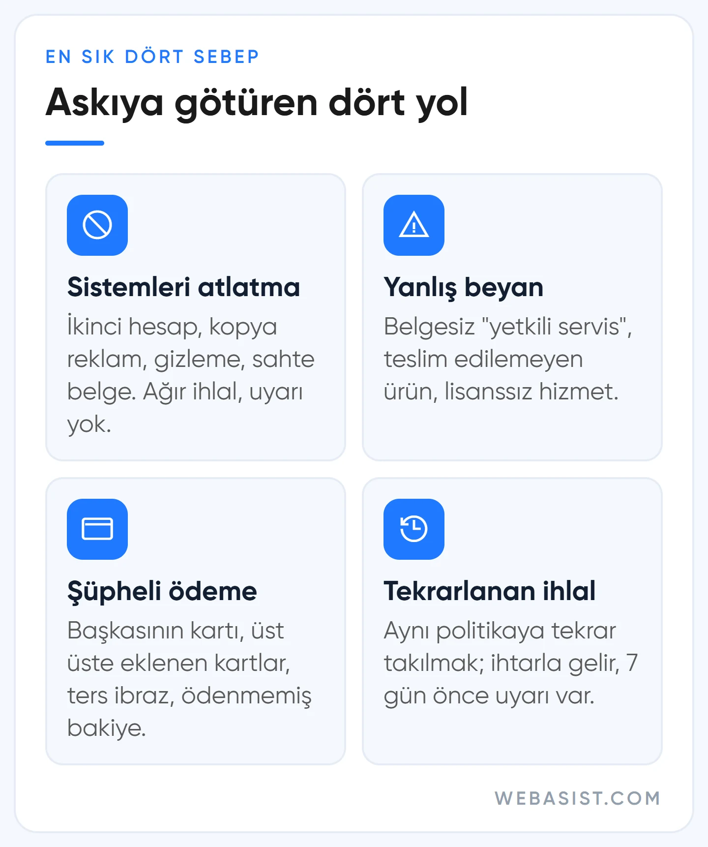 Google Ads hesabı neden askıya alınır: sistemleri atlatma, yanlış beyan, şüpheli ödeme ve tekrarlanan ihlal