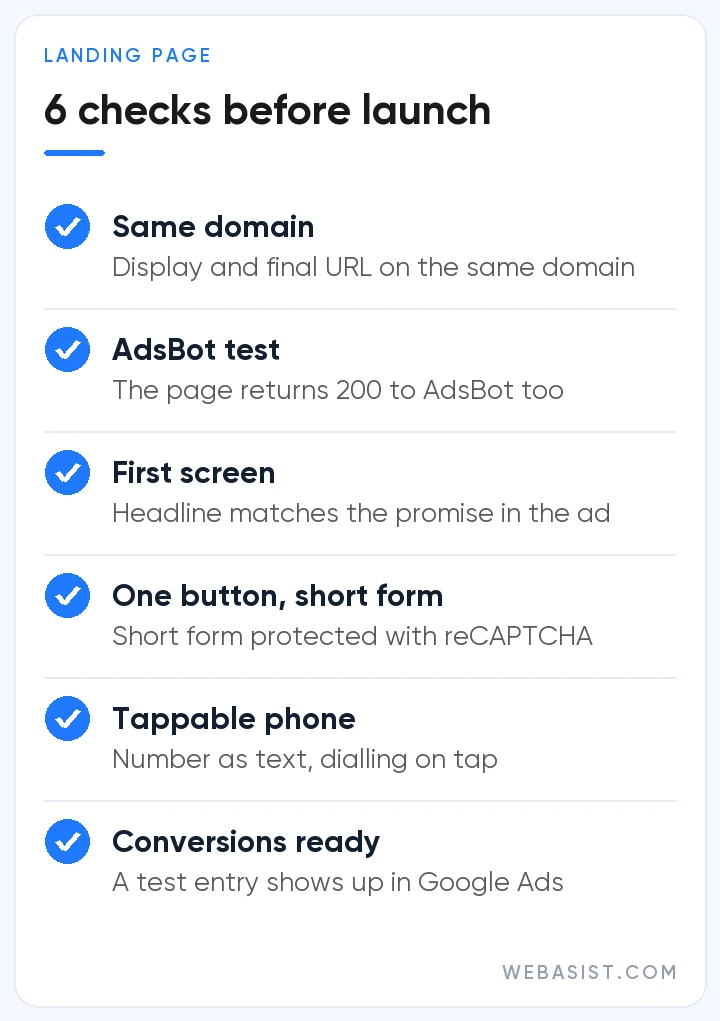 Google Ads landing page pre-launch checklist: domain, AdsBot, first screen, form, phone, conversions