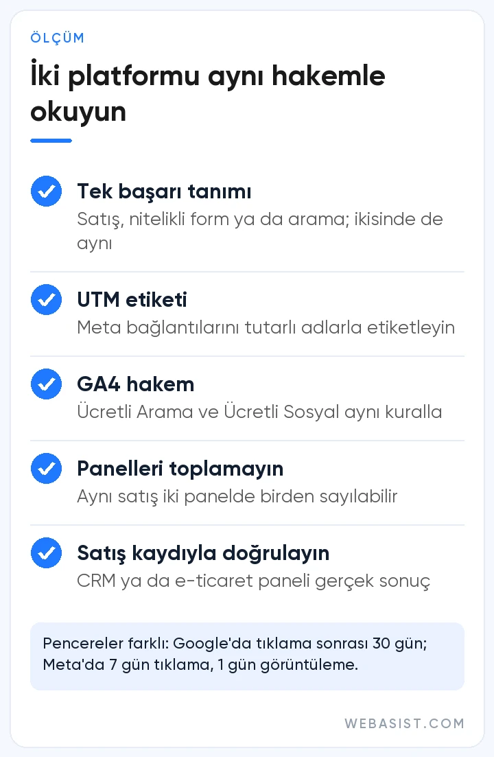 Google Ads ve Meta reklamlarını adil karşılaştırmak için ölçüm kontrol listesi: GA4, UTM ve satış verisi