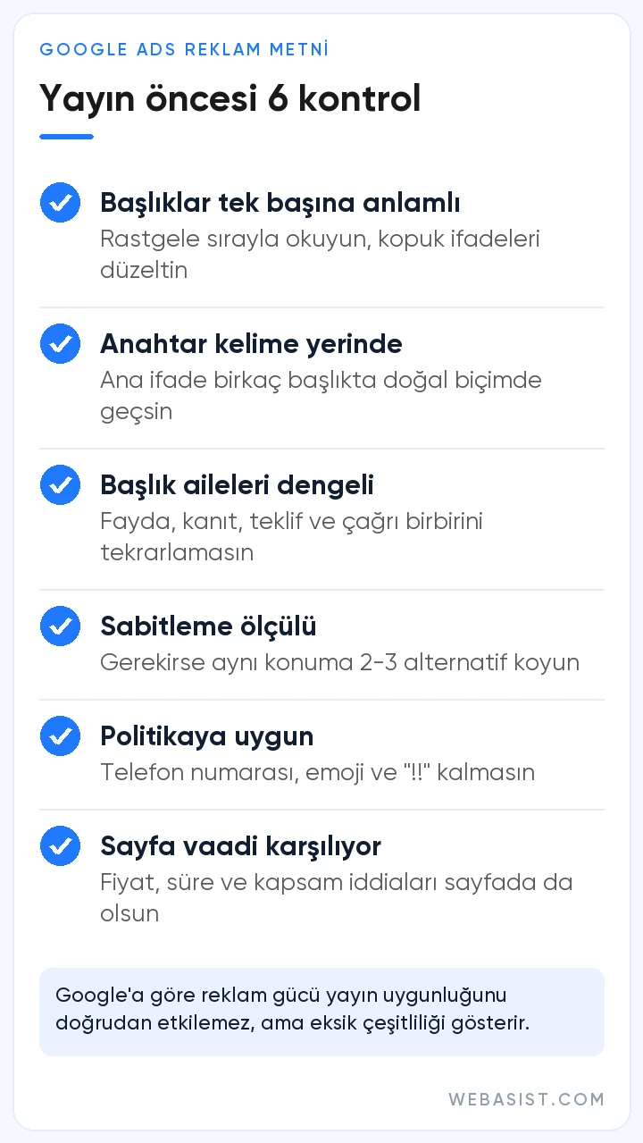 Google Ads reklam metni için yayın öncesi 6 maddelik kontrol listesi