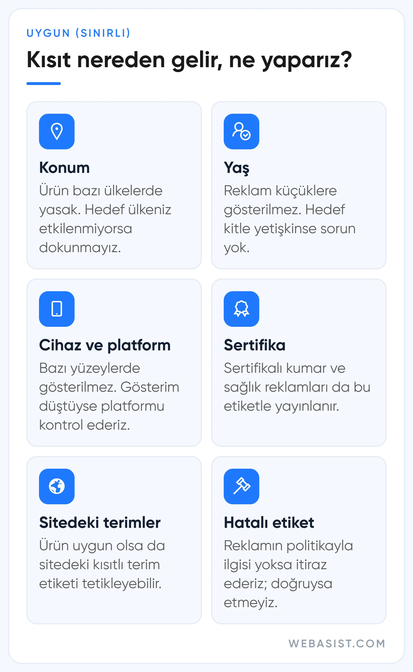 Google Ads uygun sınırlı ne demek: kısıtın geldiği konum, cihaz, yaş, sertifika ve site terimleri