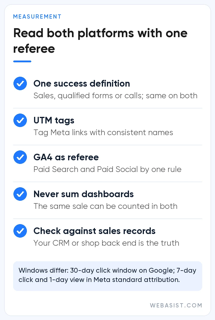 Measurement checklist for comparing Google Ads and Meta Ads fairly: GA4, UTMs and your own sales data