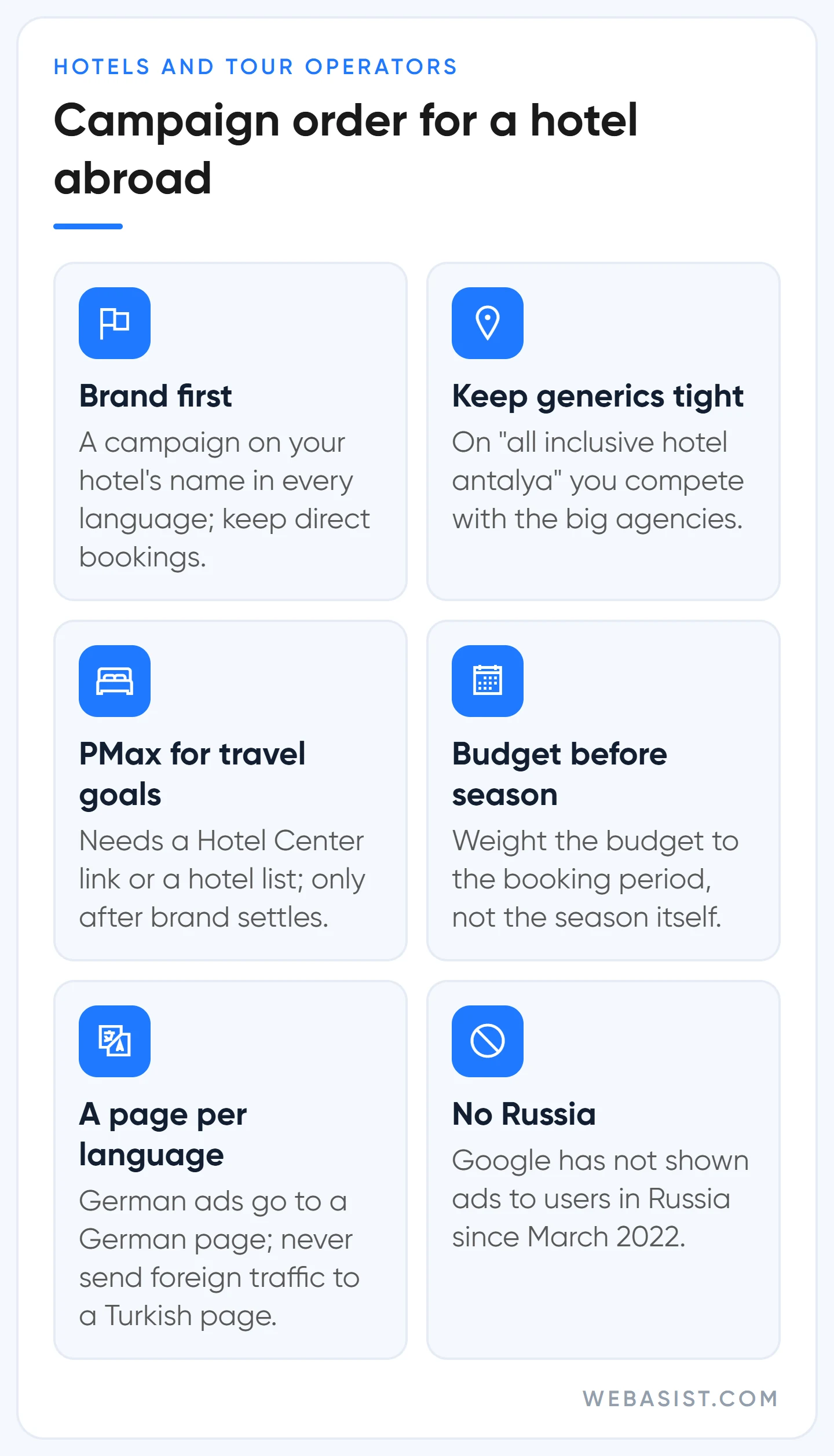 International Google Ads for tourism: hotel brand campaign, generic keywords, PMax for travel, season and Russia