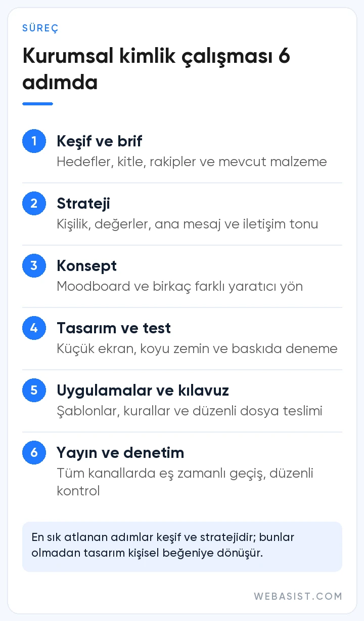 Kurumsal kimlik çalışması süreci: keşif, strateji, konsept, tasarım ve test, uygulamalar ve kılavuz, yayına alma