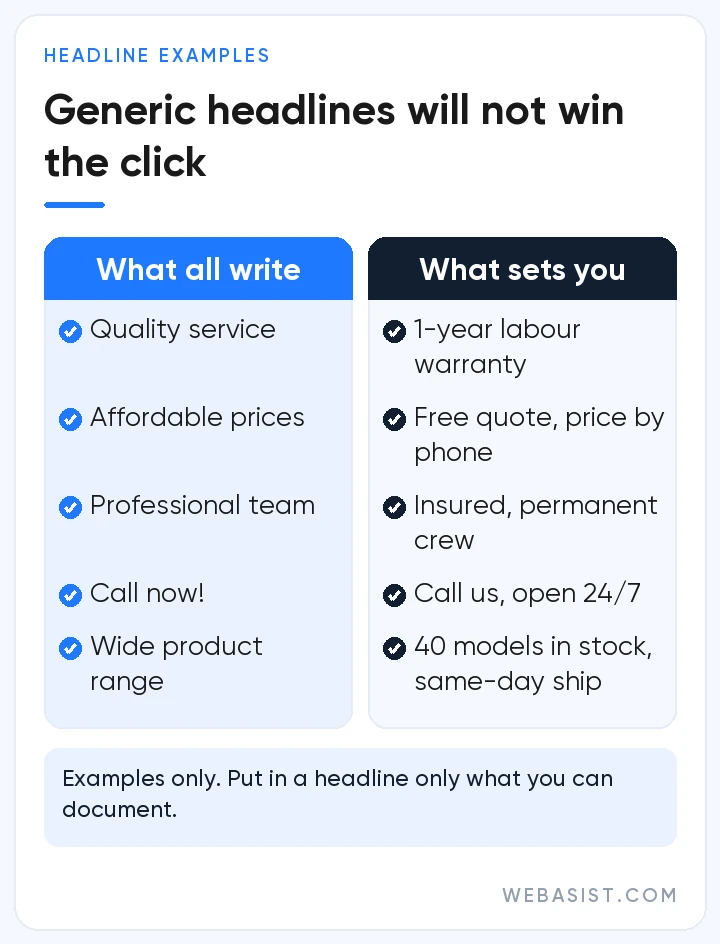 Google Ads headline examples: generic headlines compared with headlines that set a business apart