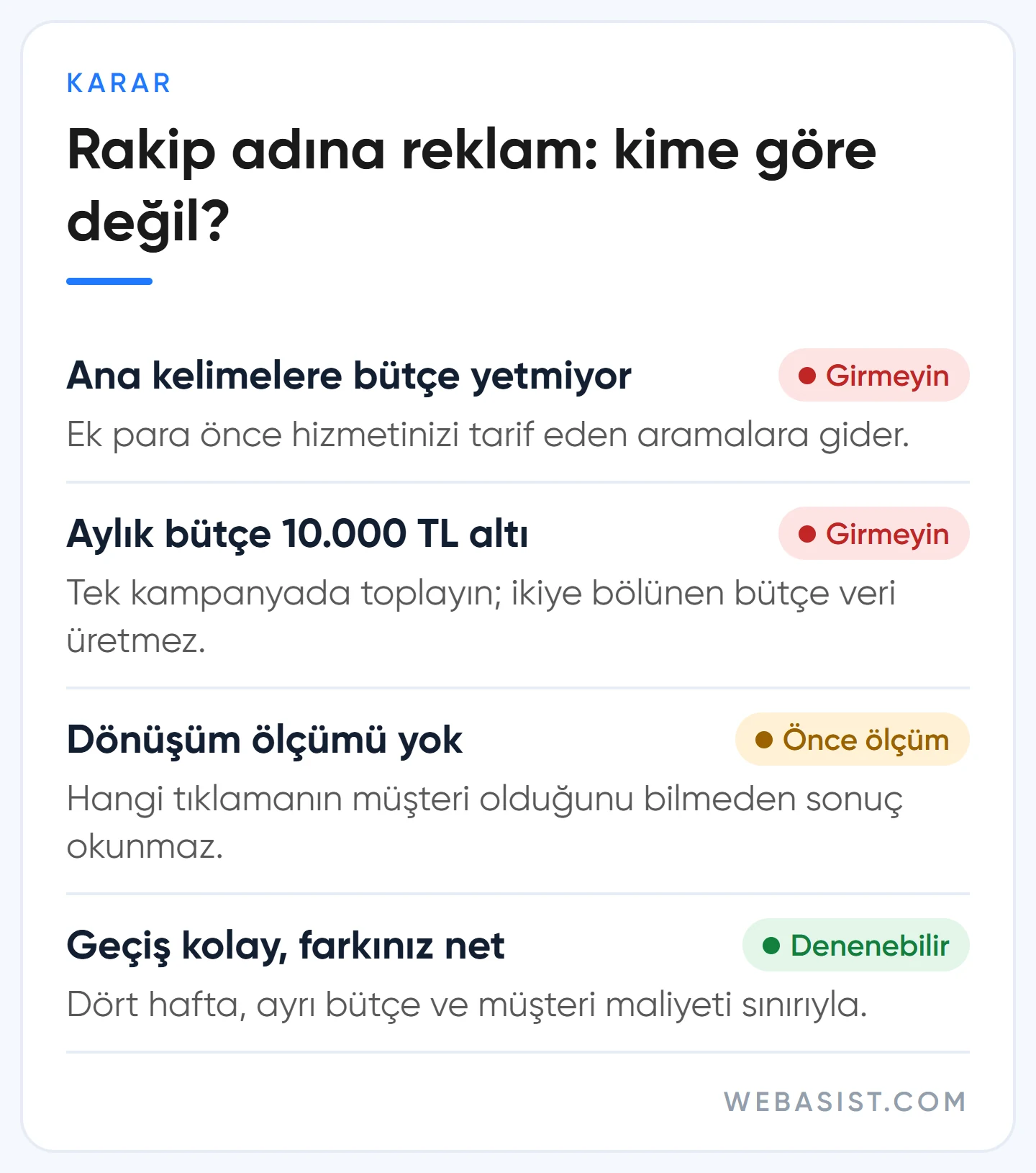 Rakip marka reklamları kimlere uygun değil: bütçe, ölçüm ve geçiş kolaylığına göre karar