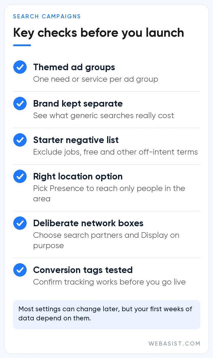 Pre-launch checklist of key settings for a Google search ads campaign