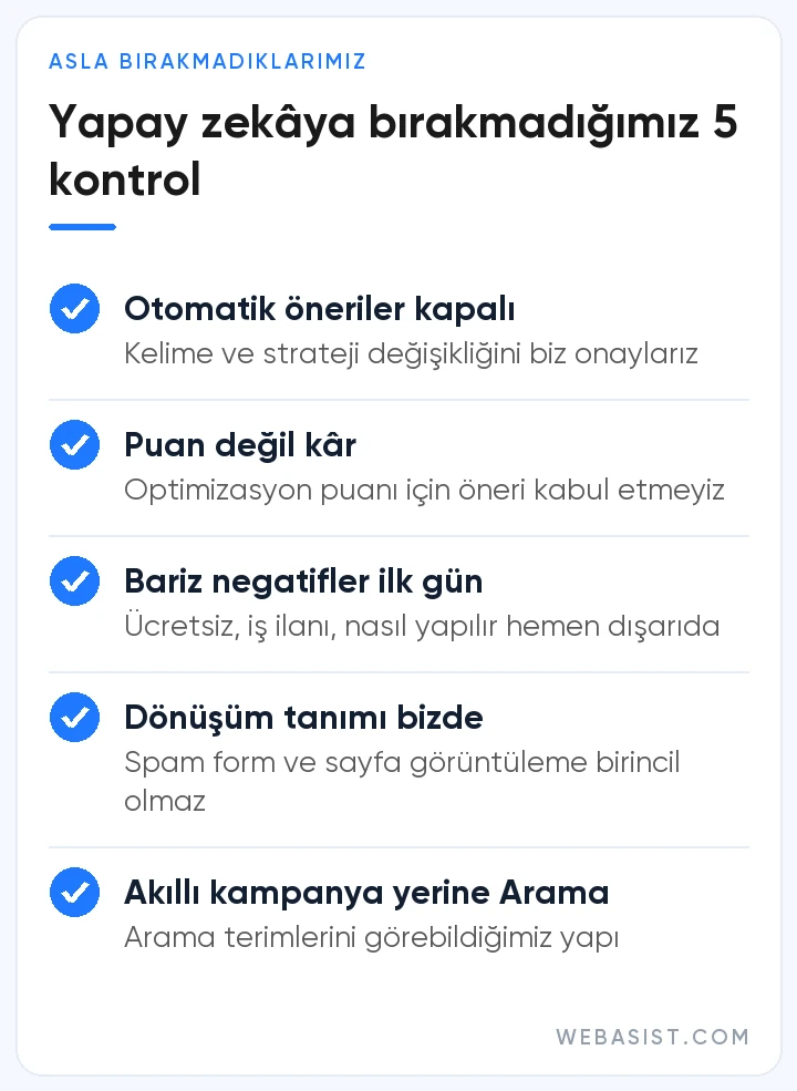 Google Ads yapay zekâsına bırakmadığımız kontroller: otomatik öneriler, optimizasyon puanı, negatifler, dönüşüm tanımı