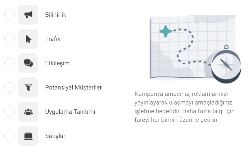 Meta Reklam Yöneticisi'nde kampanya amacı seçimi: Bilinirlik, Trafik, Etkileşim, Potansiyel Müşteriler, Uygulama Tanıtımı ve Satışlar