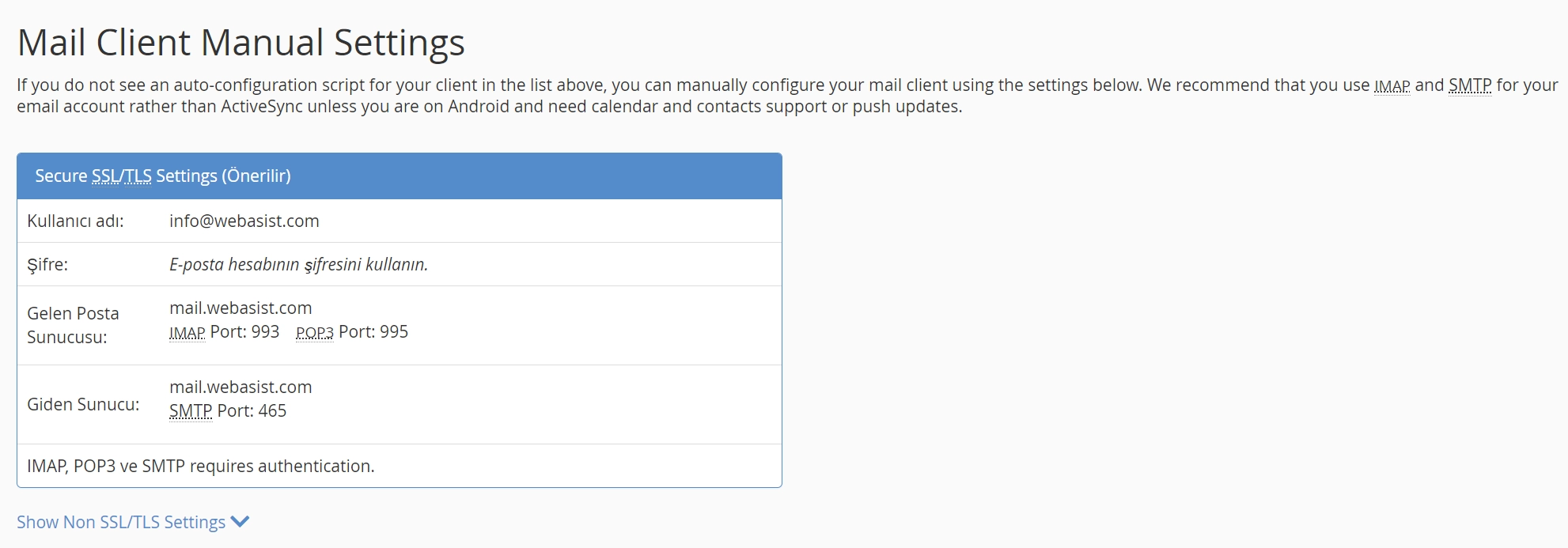 Mail Client Manual Settings on the cPanel Connect Devices page showing secure SSL/TLS settings with IMAP 993, POP3 995 and SMTP 465