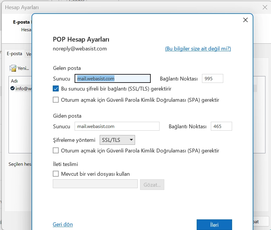 Classic Outlook POP account settings window with incoming server on port 995 and outgoing server on port 465, both using SSL/TLS
